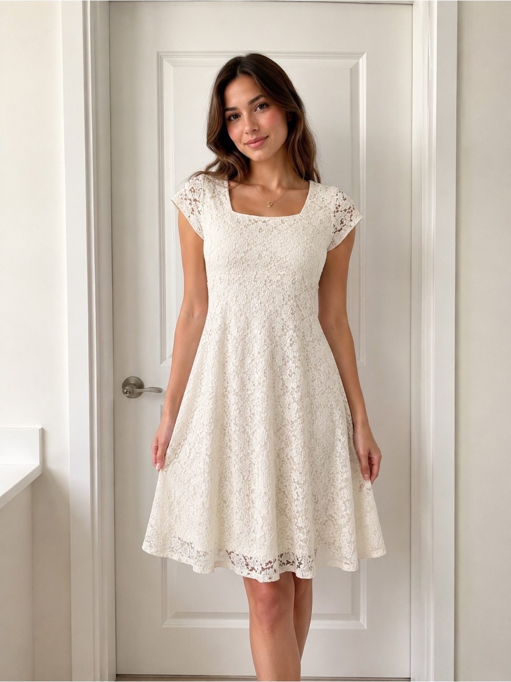Stella White Lace Knee Length Fit & Flare Dress XL